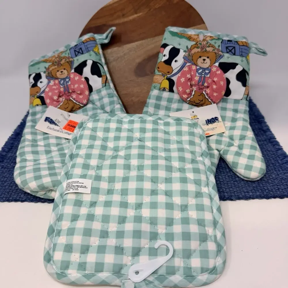 VTG 80s 90s Teddy Bears COW Kitchen Towel Dishcloth Potholder Set Deadstock NOS